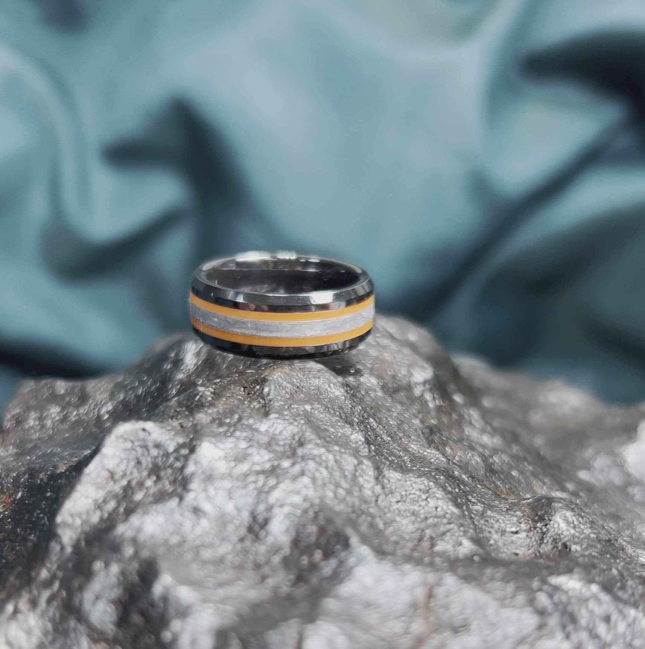 Black Ring with Red Stripes & Meteorite