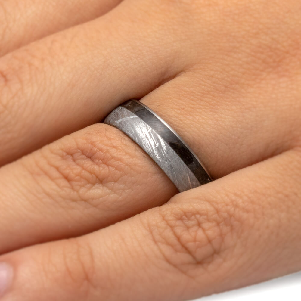 Meteorite Wedding Band With Crushed Dinosaur Bone, Titanium Ring-3902 - Jewelry by Johan