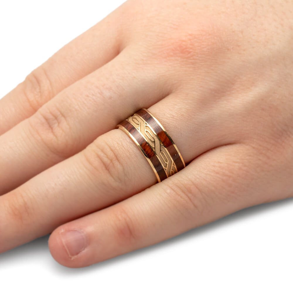 Yellow Gold Celtic Wedding Band with Honduran Rosewood