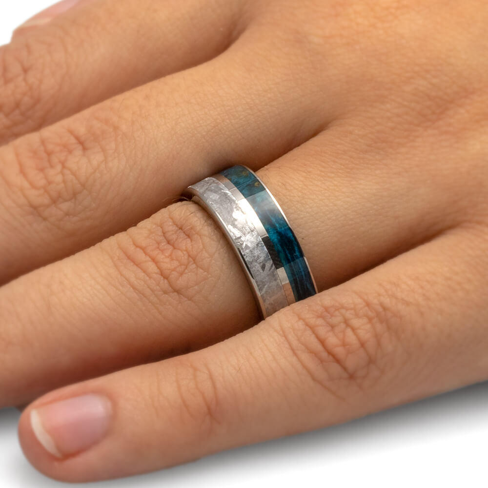 Meteorite, Blue Box Elder Burl, And Titanium Ring With Whiskey Wood Sleeve-3933 - Jewelry by Johan