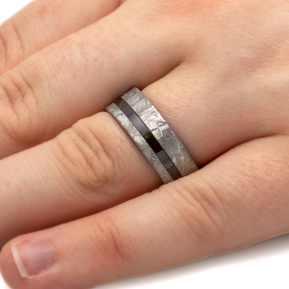 Black Ceramic Men's Wedding Band With Gibeon Meteorite Edges-3934 - Jewelry by Johan