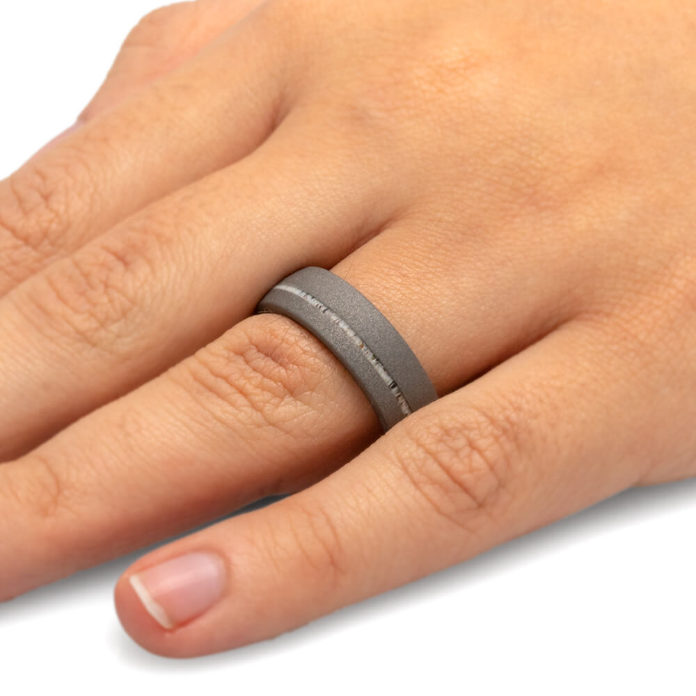 Sandblasted Titanium Wedding Band with Antler Sleeve-3946 - Jewelry by Johan