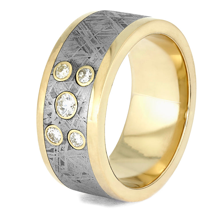 Meteorite Ring with Bezeled Diamonds, Men's Yellow Gold Wedding Band-3955 - Jewelry by Johan