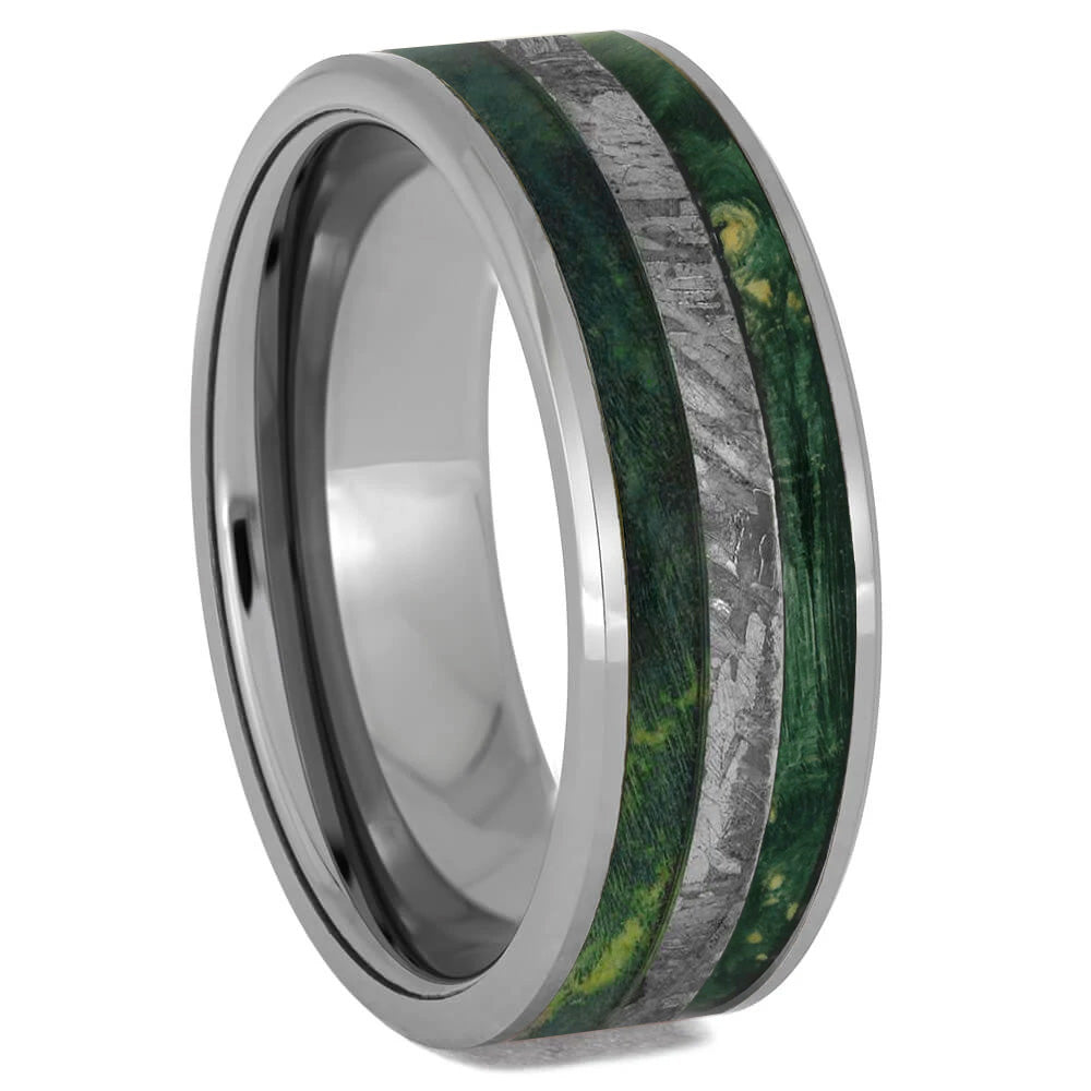 Green Box Elder Burl & Meteorite Wedding Band - Jewelry by Johan