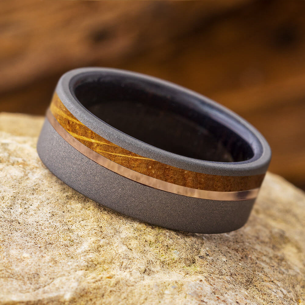 Whiskey Barrel Wood Ring in Sandblasted Titanium