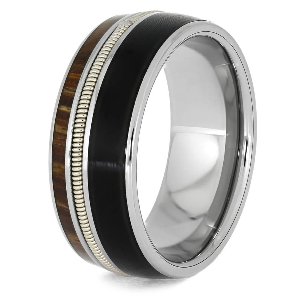 Guitar String Ring made with Vinyl LP Record, Red Palm Wood Wedding Band-3961 - Jewelry by Johan