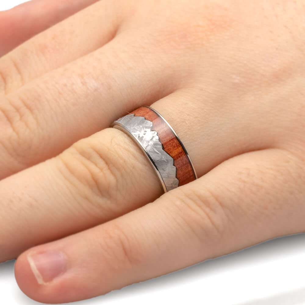 Mountain Wedding Band with Cedar Wood and Gibeon Meteorite-3983 - Jewelry by Johan