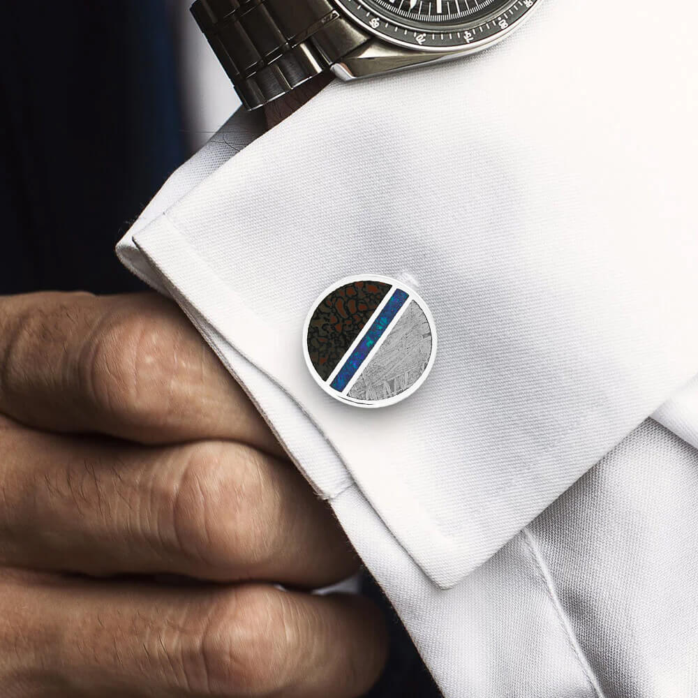 Dinosaur Bone & Meteorite Cuff Links with Opal