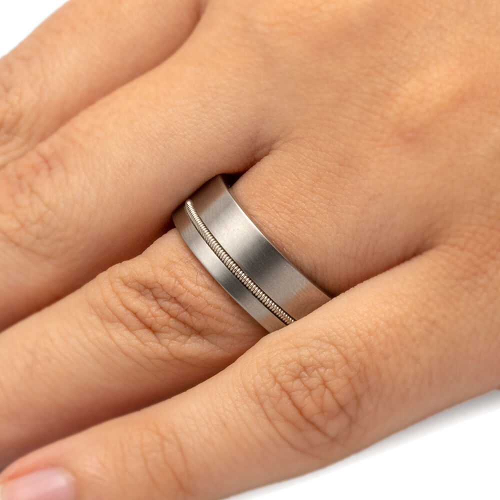 Guitar String Titanium Ring with Mahogany Wood Sleeve-3992 - Jewelry by Johan