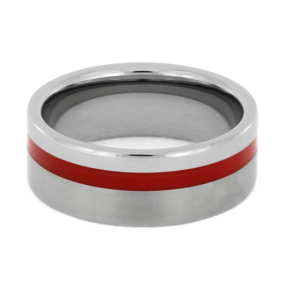 Dual Finish Titanium Wedding Band with Red Enamel Pinstripe-3996 - Jewelry by Johan