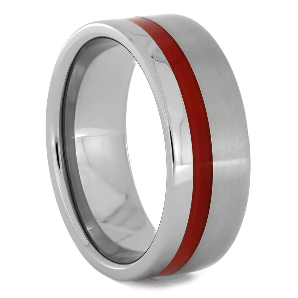 Dual Finish Titanium Wedding Band with Red Enamel Pinstripe-3996 - Jewelry by Johan