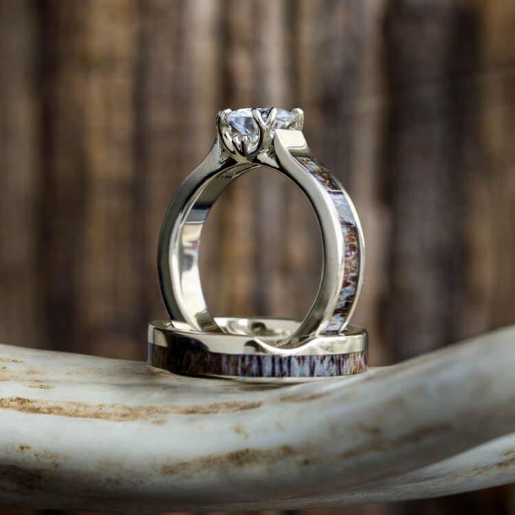 Moissanite Bridal Set, Deer Antler Engagement Ring With Band