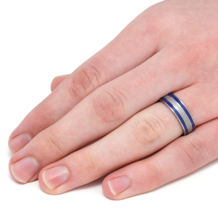 Meteorite Ring with Blue Stripes, Blue Enamel in Titanium Ring-3304 - Jewelry by Johan