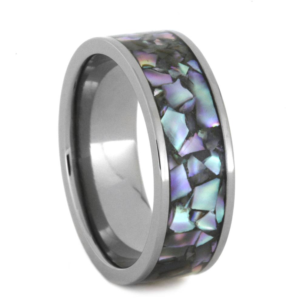 Stainless Wedding Ring Set Steel Rings with Abalone Inlay (6mm & 8mm Width, Flat Style)