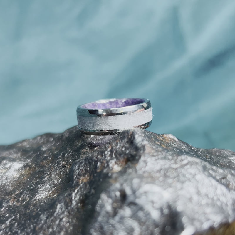 Meteorite Men's Wedding Band With Purple Wood Sleeve