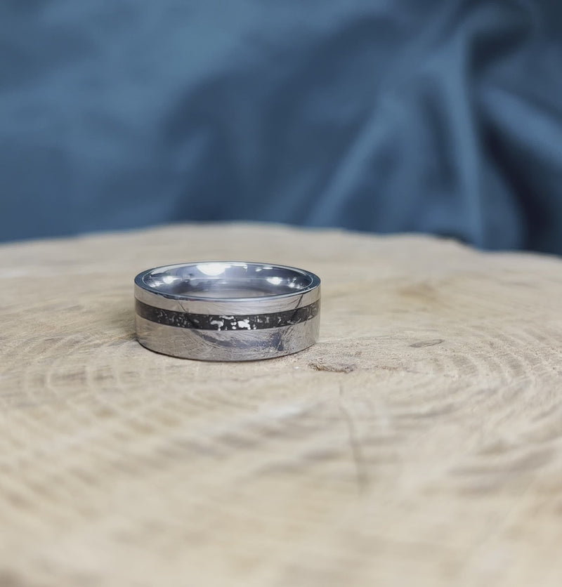 Black Stardust In Simple Titanium Band, Meteorite Ring