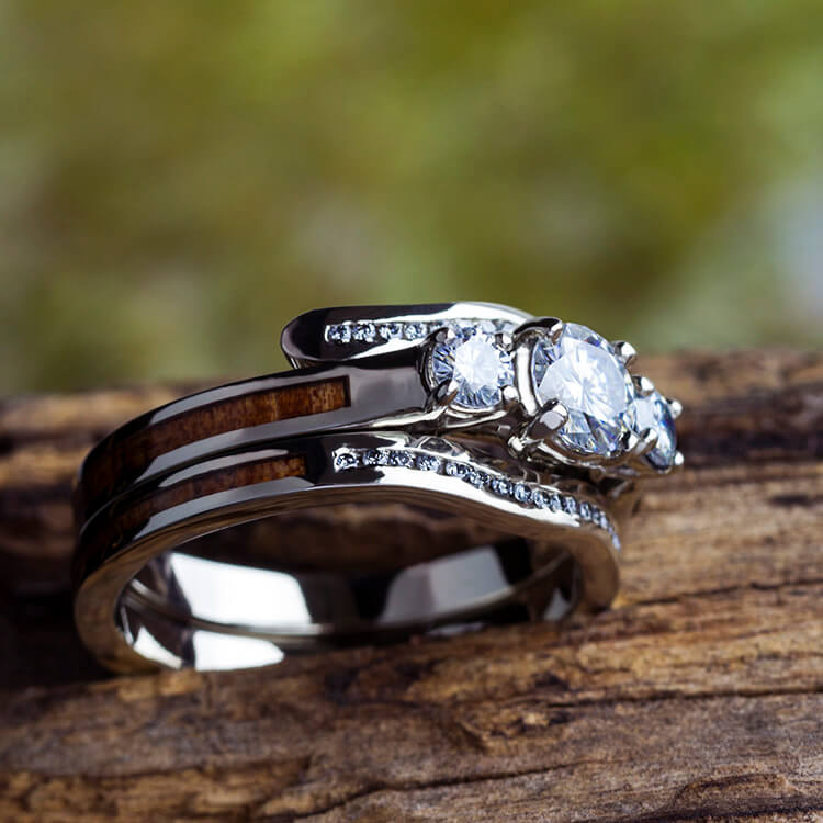 Koa Wood Bridal Set, Three Stone Engagement Ring, White Gold Wedding Band