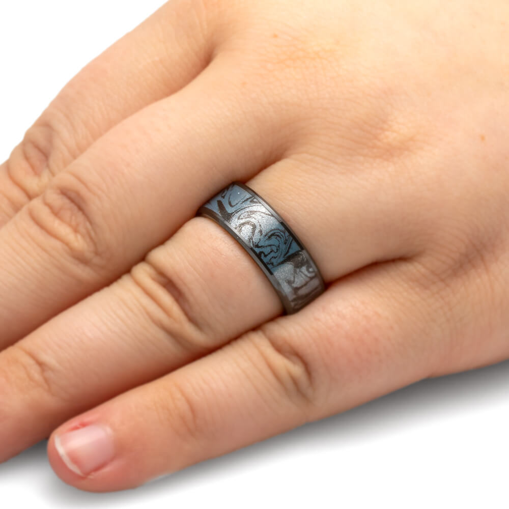 Cobaltium Mokume Wedding Band in Beveled Black Ceramic-4005 - Jewelry by Johan