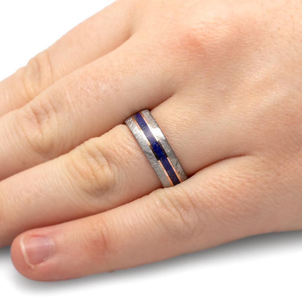 Men's Meteorite Ring, Lapis Lazuli and Rose Gold Wedding Band-4011 - Jewelry by Johan