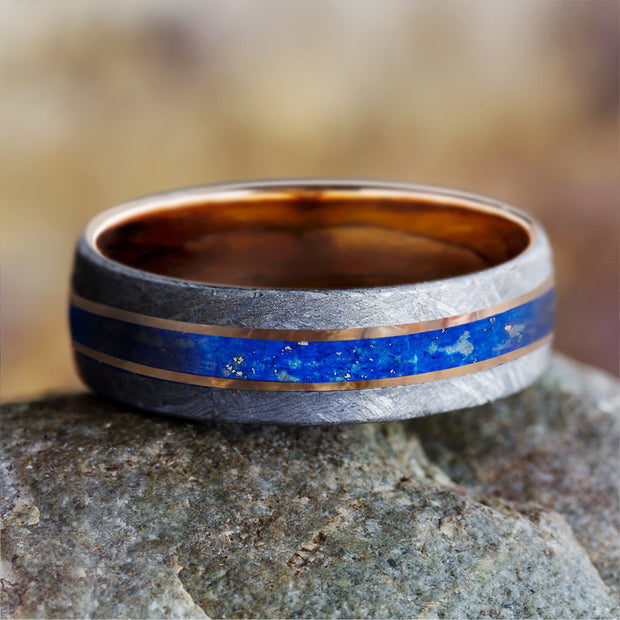 Lapis Lazuli, Meteorite & Rose Gold Men's Wedding Band