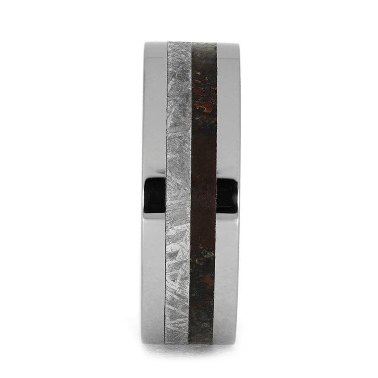 Men's Meteorite Ring With Dinosaur Bone, Tungsten Wedding Band With Flat Profile-4013 - Jewelry by Johan