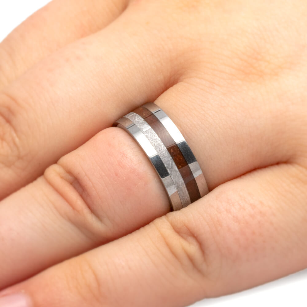 Men's Meteorite Ring With Dinosaur Bone, Tungsten Wedding Band With Flat Profile-4013 - Jewelry by Johan