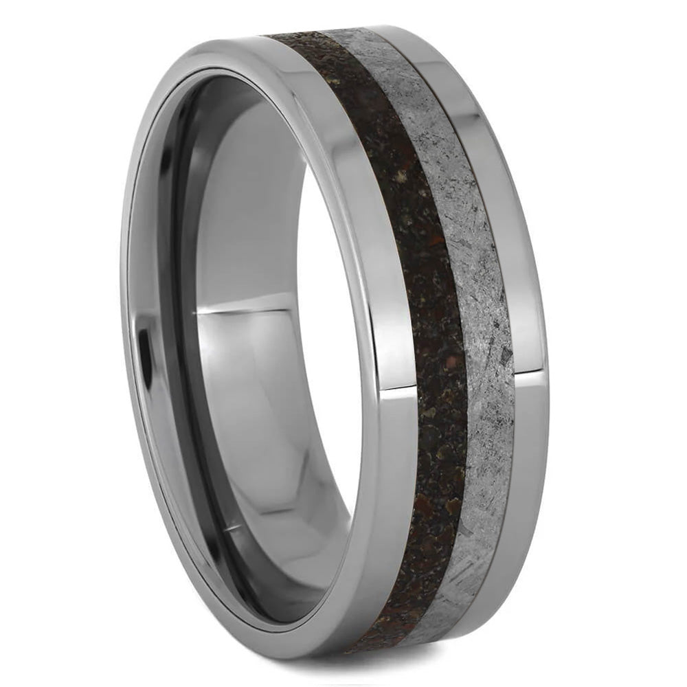 Meteorite & Dinosaur Bone Ring in Polished Tungsten - Jewelry by Johan