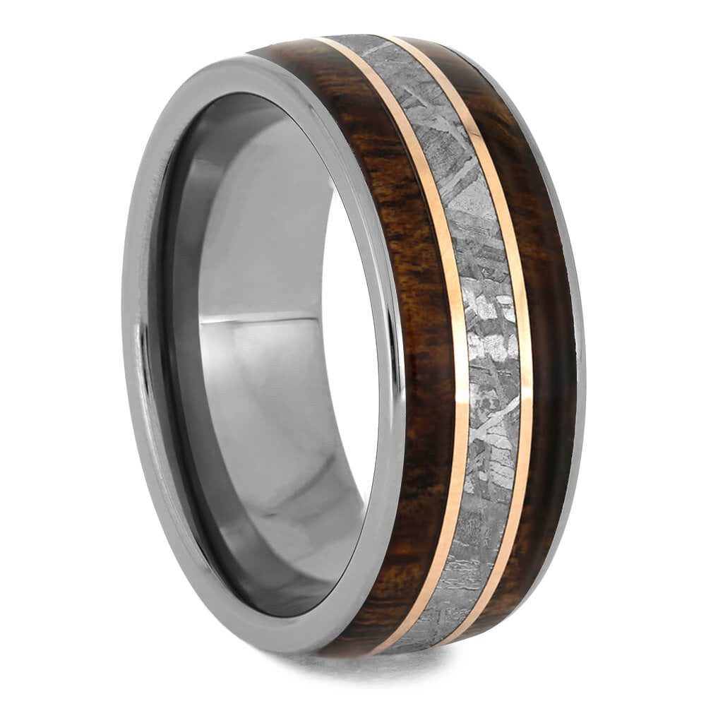 18K Rose Gold Ring Tungsten Meteorite Ring with Koa Wood Inlay - Wood Wedding Bands Mens Ring - Meteorite Ring Set 13.5