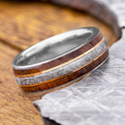 Meteorite and Wood Ring With Rose Gold Pinstripes
