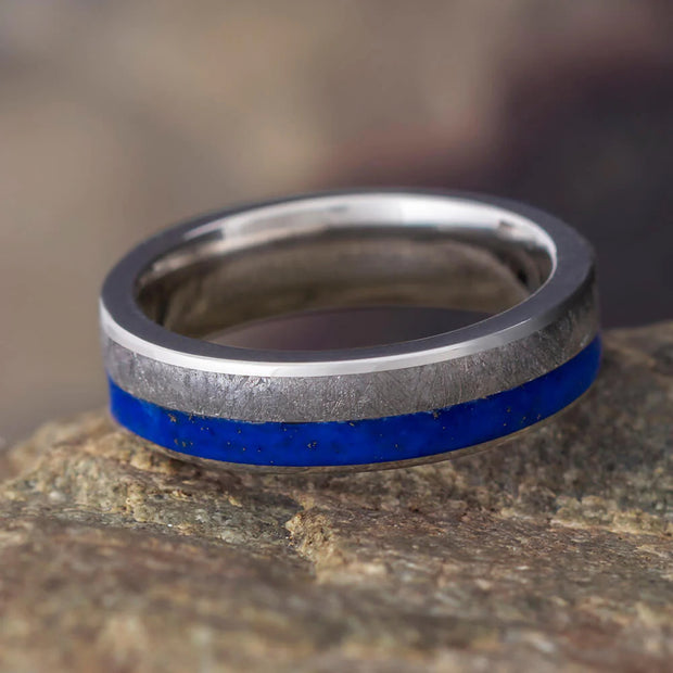 Men's Wedding Band with Lapis Lazuli and Gibeon Meteorite - Jewelry by Johan