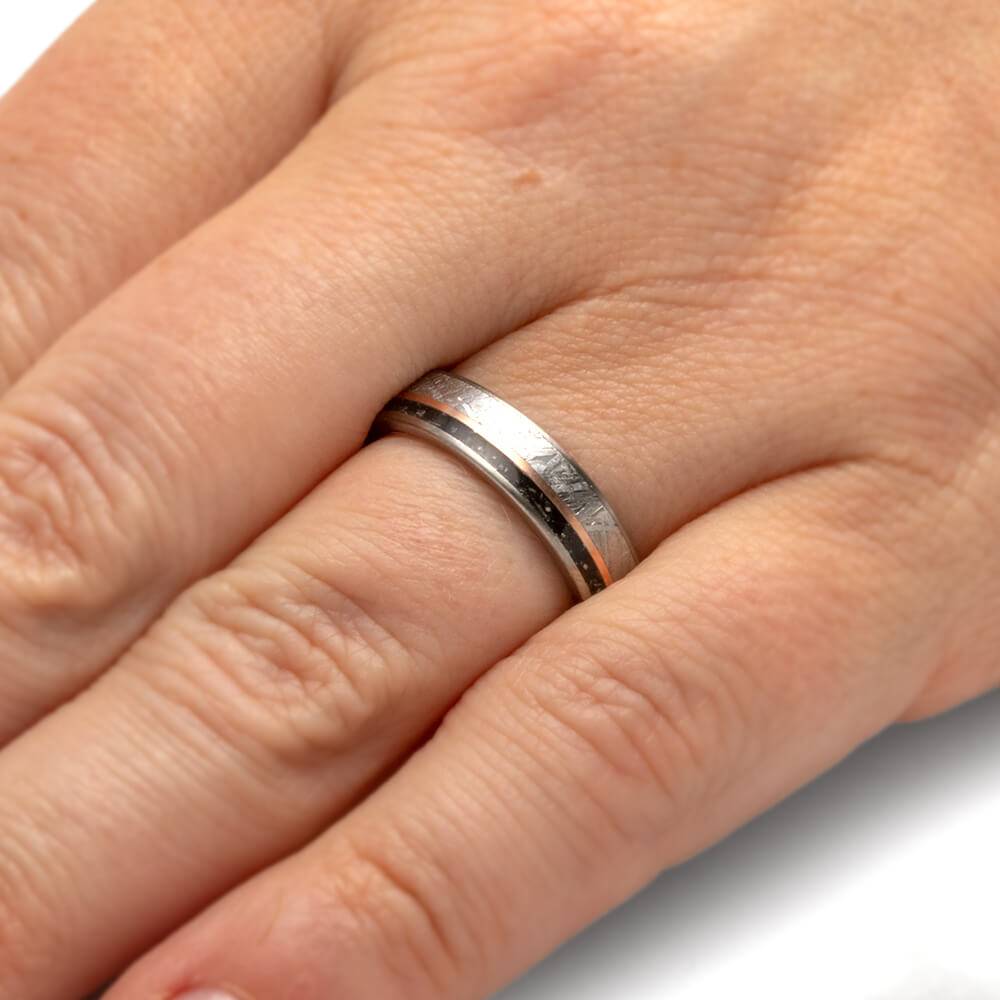 Thin Wedding Band with Rose Gold Pinstripe and Meteorite-4045 - Jewelry by Johan