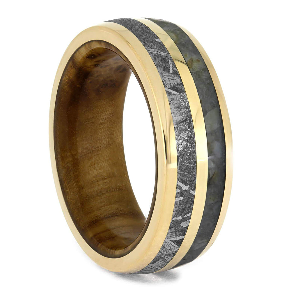 Dinosaur Bone, Meteorite, and Yellow Gold Wedding Band with Wood Sleeve-4046 - Jewelry by Johan