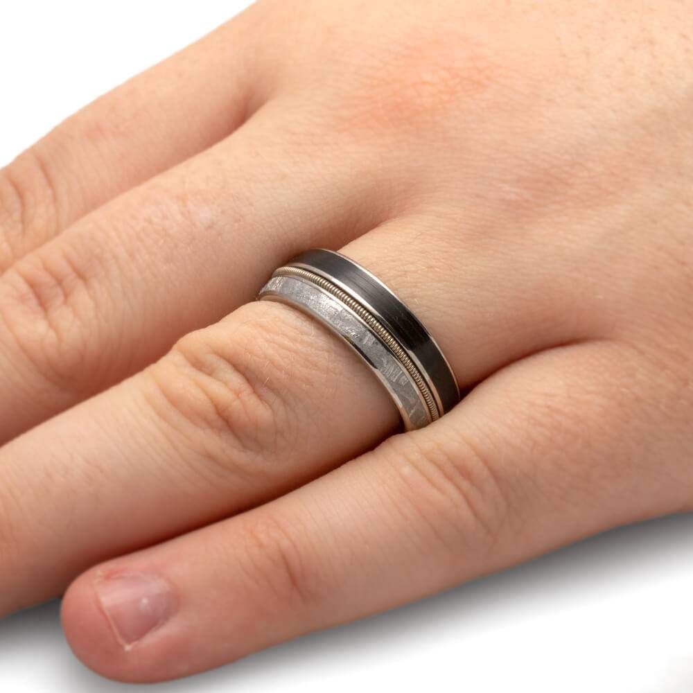 Vinyl Record Ring with Guitar String and Meteorite-4047 - Jewelry by Johan