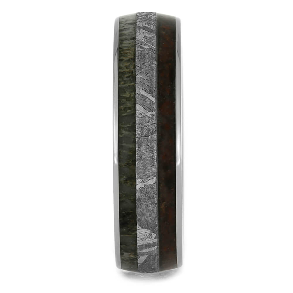 Meteorite and Dinosaur Bone Wedding Band with Whiskey Wood Sleeve-4048 - Jewelry by Johan