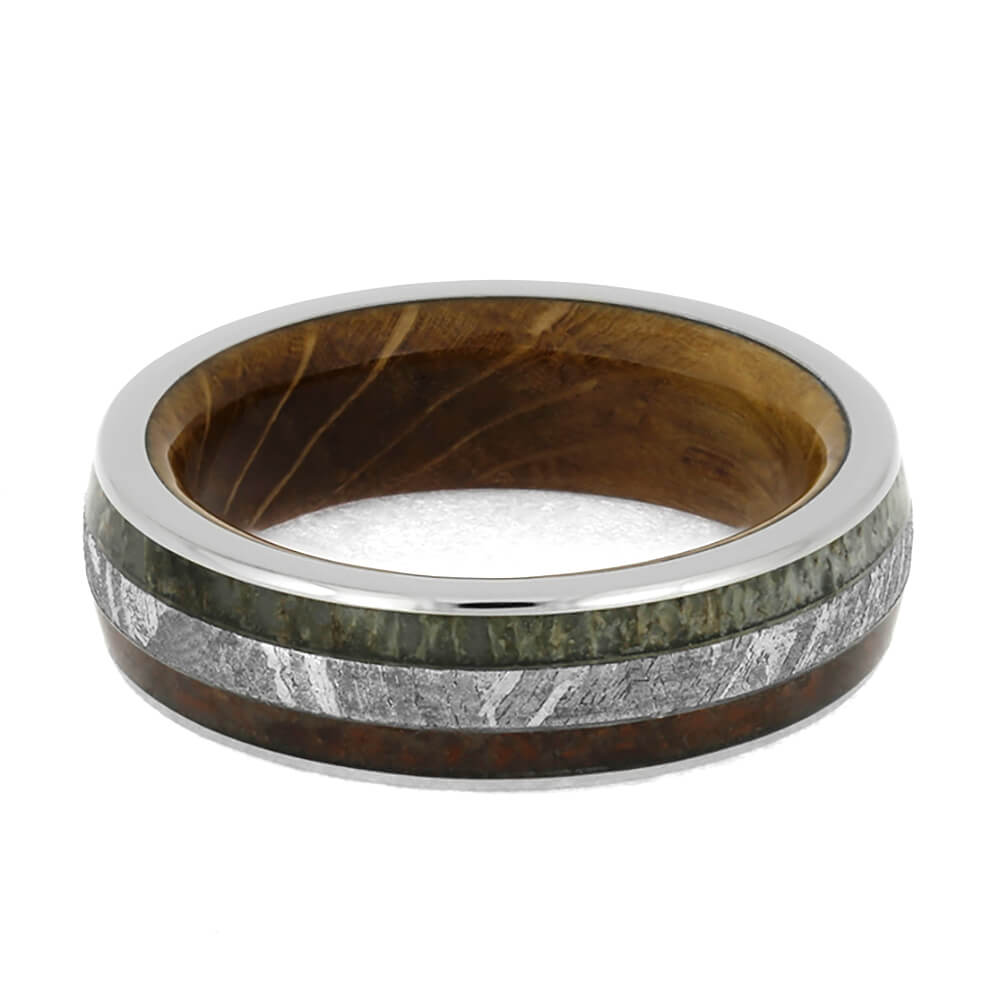 Meteorite and Dinosaur Bone Wedding Band with Whiskey Wood Sleeve-4048 - Jewelry by Johan