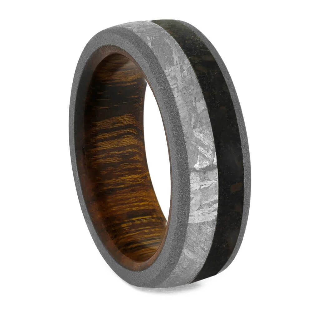 Men's Meteorite Wedding Band with Dinosaur Bone and Wood Sleeve-4063 - Jewelry by Johan