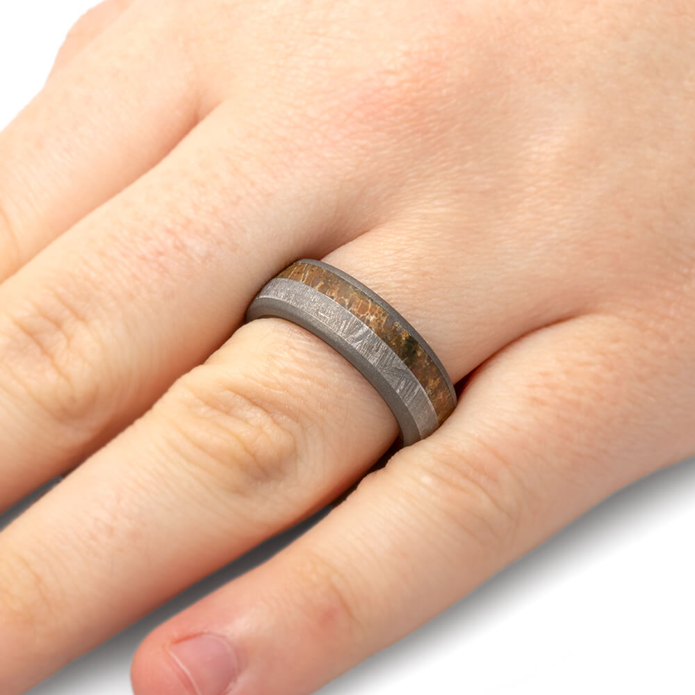 Men's Meteorite Wedding Band with Dinosaur Bone and Wood Sleeve-4063 - Jewelry by Johan
