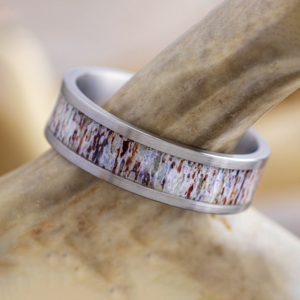 Brushed Titanium Ring with Deer Antler Inlay - Jewelry by Johan