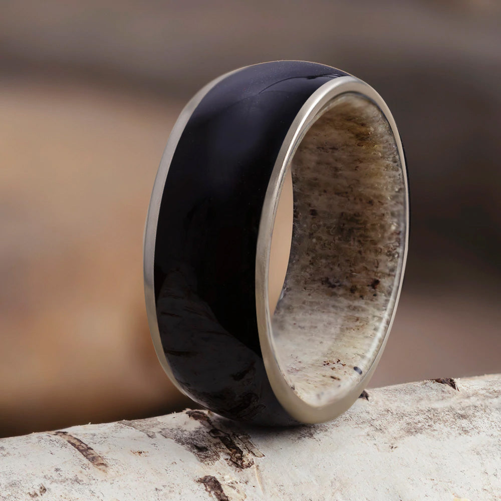 Blackwood Ring With Deer Antler Sleeve - Jewelry by Johan