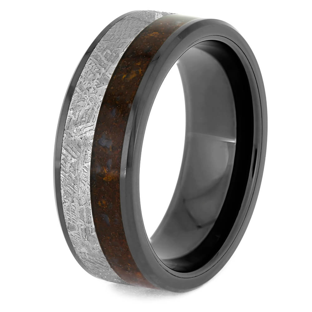 Black Ceramic Wedding Band with Meteorite and Dinosaur Bone-4077 - Jewelry by Johan