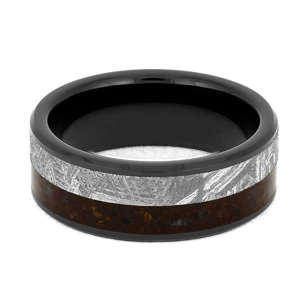 Black Ceramic Wedding Band with Meteorite and Dinosaur Bone-4077 - Jewelry by Johan