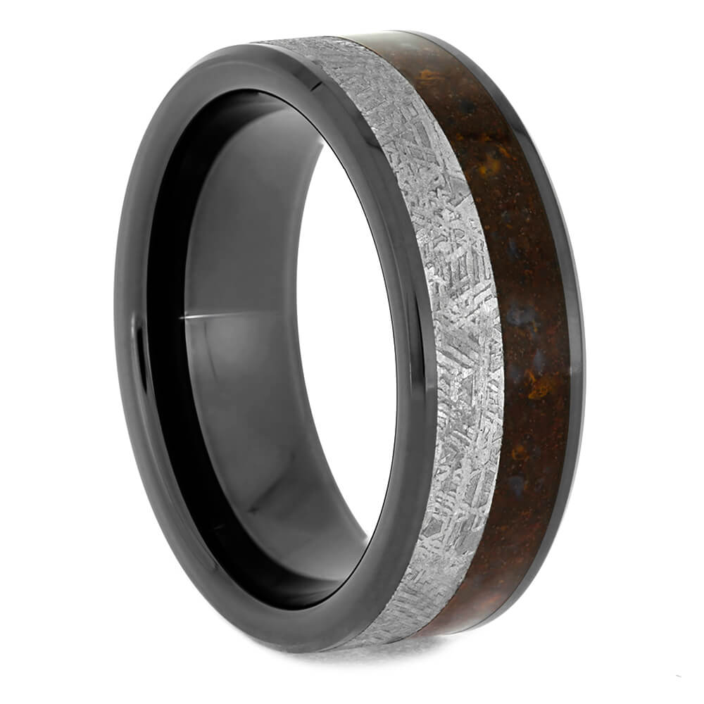 Black Ceramic Wedding Band with Meteorite and Dinosaur Bone-4077 - Jewelry by Johan