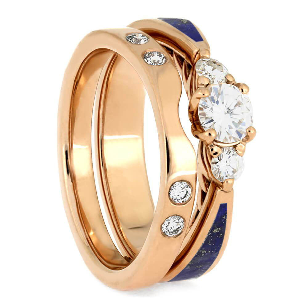 Lapis Lazuli Bridal Set, Three Stone Engagement Ring & Band 