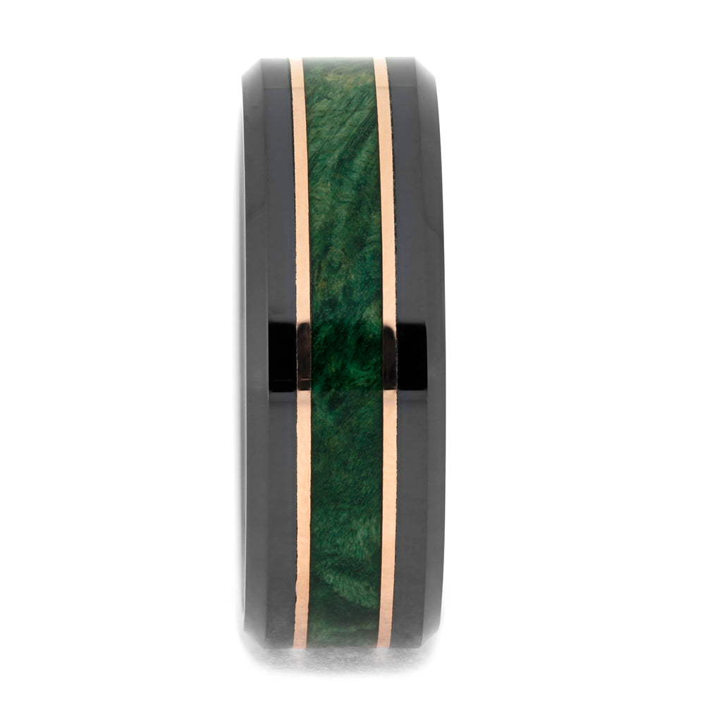 Green Wood and Black Ceramic Ring with Copper Pinstripes, Manly Wedding Band-4081 - Jewelry by Johan