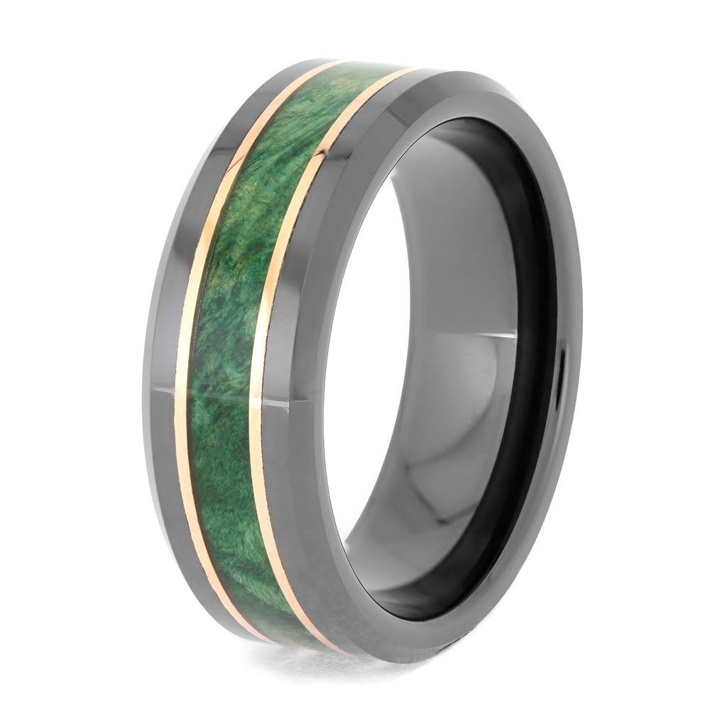 Green Wood and Black Ceramic Ring with Copper Pinstripes, Manly Wedding Band-4081 - Jewelry by Johan