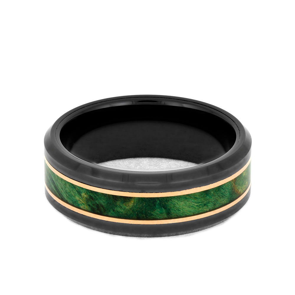 Green Wood and Black Ceramic Ring with Copper Pinstripes, Manly Wedding Band-4081 - Jewelry by Johan