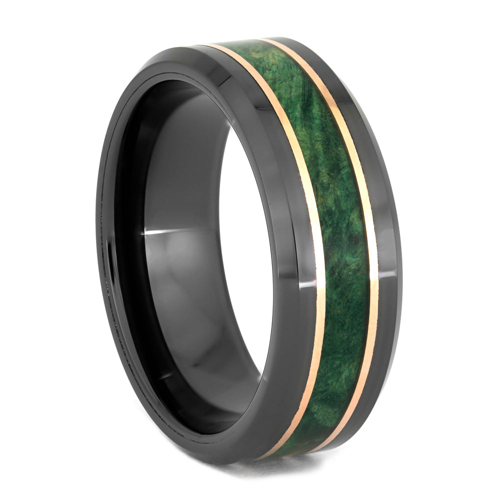 Green Wood and Black Ceramic Ring with Copper Pinstripes, Manly Wedding Band-4081 - Jewelry by Johan