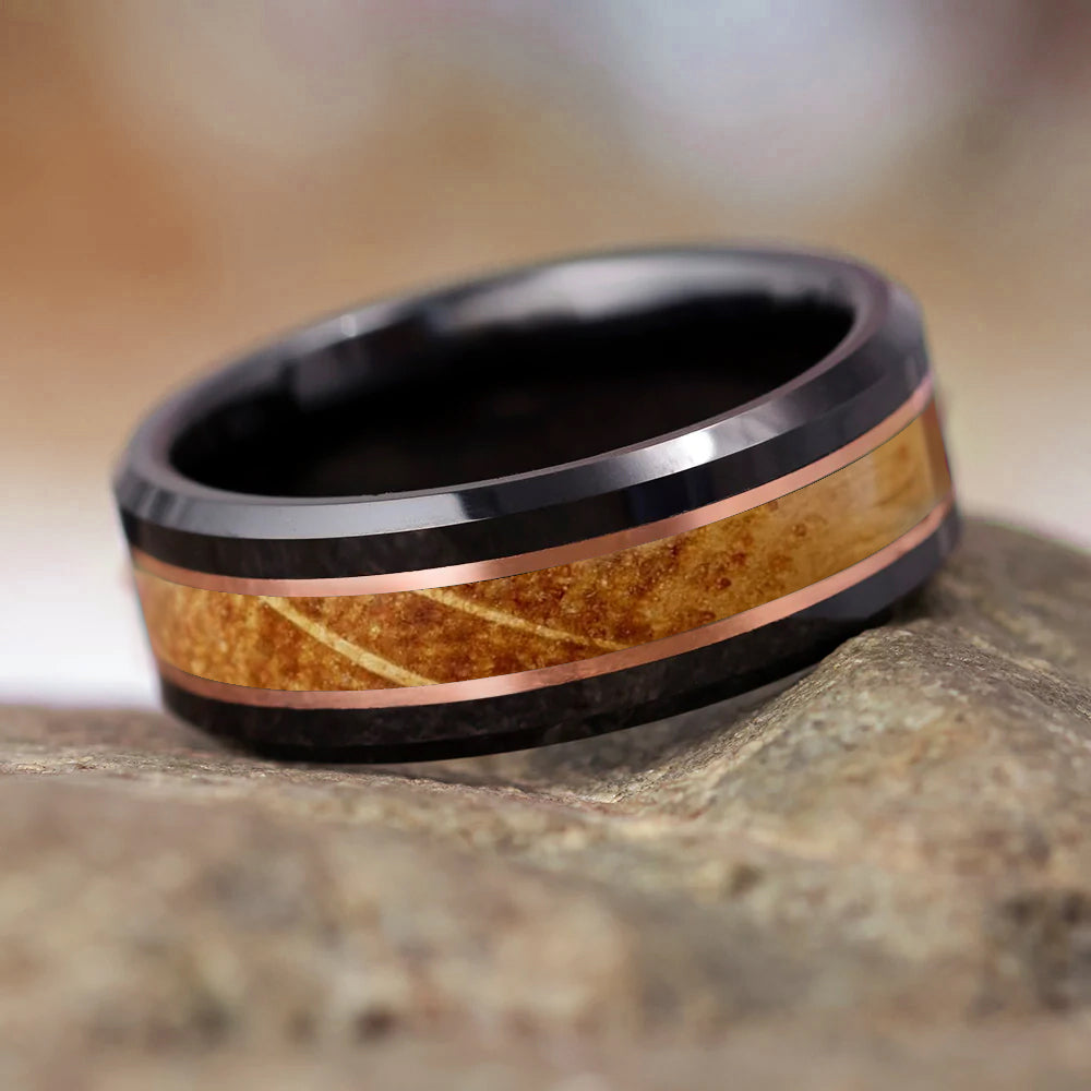 Black Ceramic Ring With Whiskey Barrel Wood & Copper Pinstripes