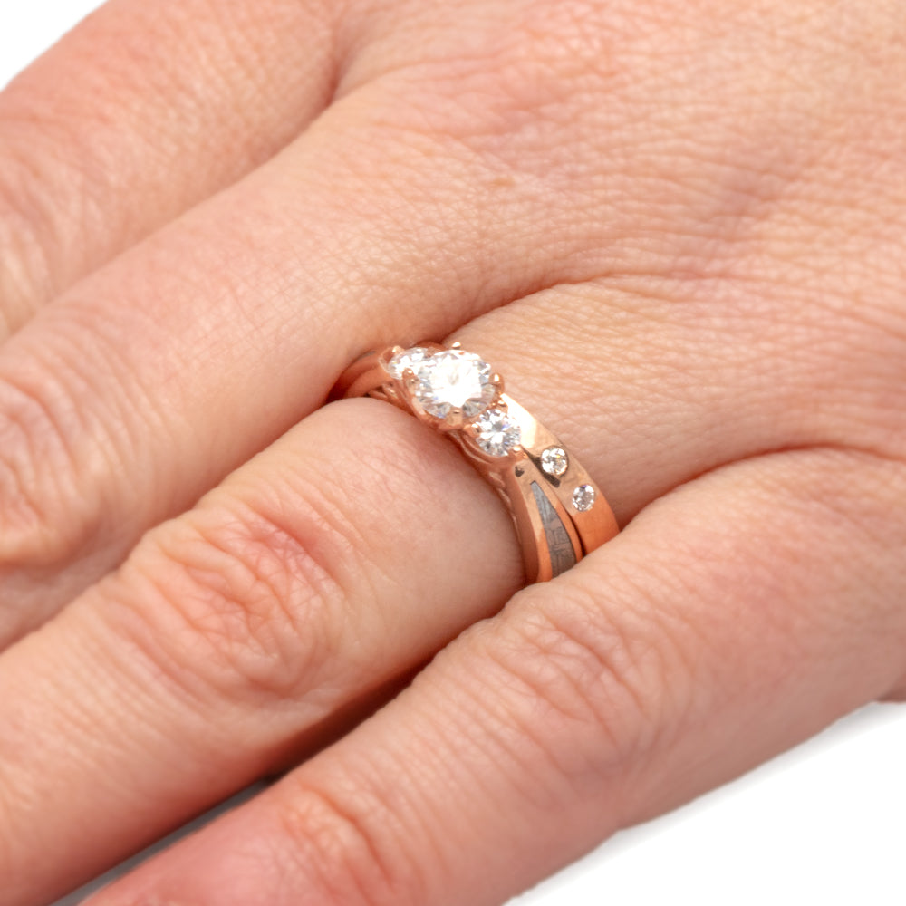 Moonstone Bridal Set, Meteorite Engagement Ring With Rose Gold Shadow Band