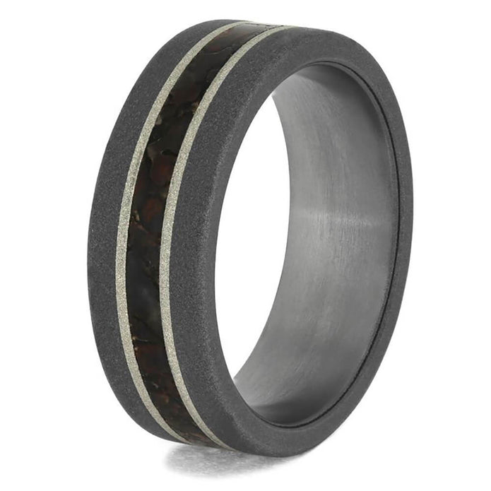 Sandblasted Titanium Dinosaur Bone Ring with Silver Pinstripes-4090 - Jewelry by Johan